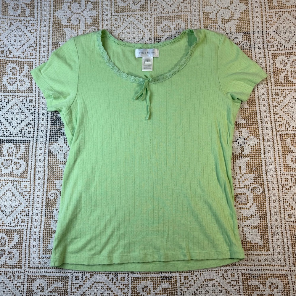 Susan Bristol Green Round Neck Ribbon & Lace Babydoll Tee Sz L Cottagecore Girly